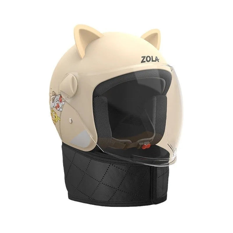 Winter electric bike helmet with anti-fog visor shown in blue colour with attached ear covers.