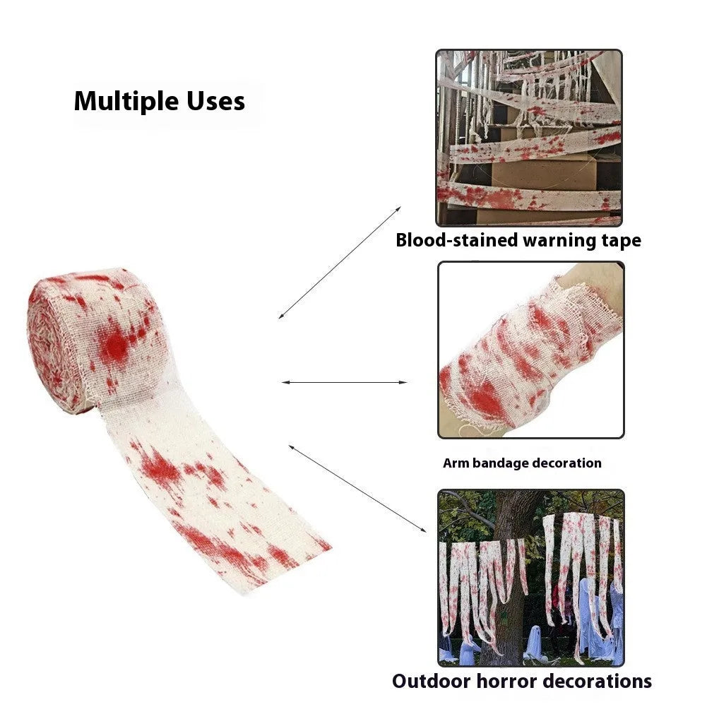 Roll of Halloween horror dyed gauze bandage in bloody red colour, shown with a loose end draped.
