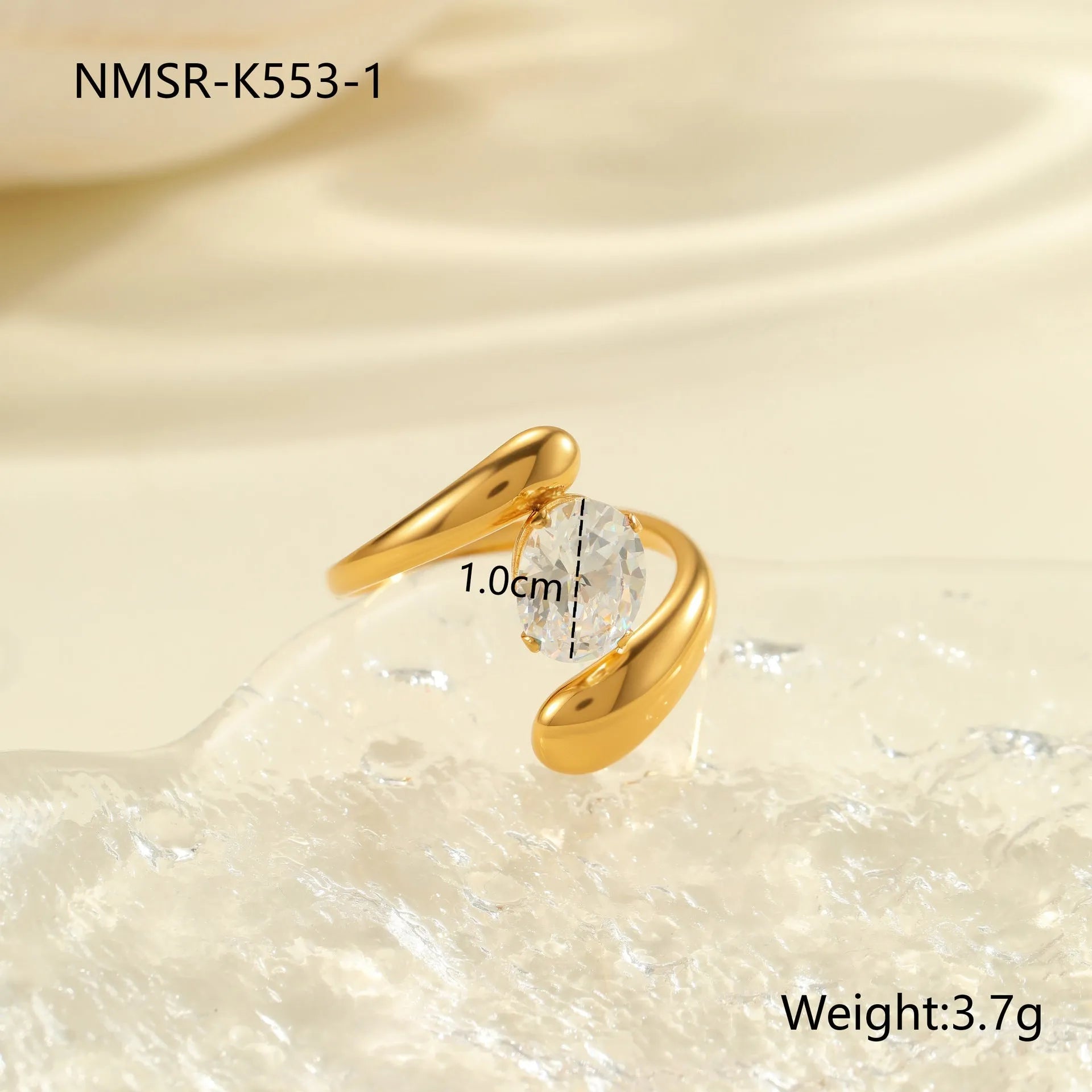 Geometric stainless steel zircon ring with open mouth design showing round, oval and quadrangle elements