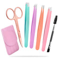 Professional 6-piece stainless steel eyebrow tweezers set with curved scissors in leather case