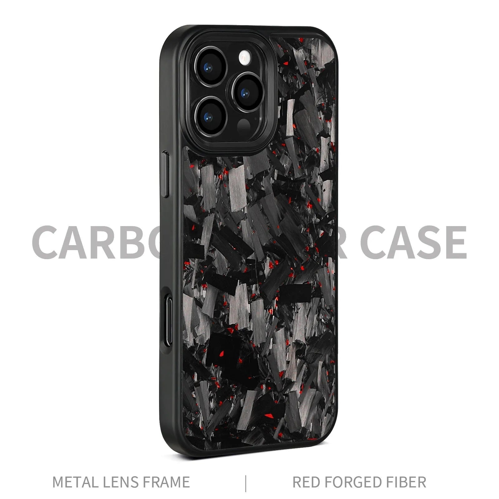 Black carbon fibre magnetic protective phone case with metal forged pattern frame for iPhone 17 series.
