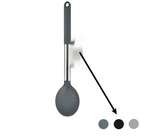 Black silicone 12-piece kitchen utensil set with rotating storage bucket including ladle, spatula, and food clip.
