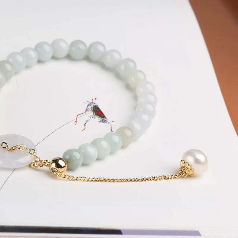 Natural jade peace buckle pearl bracelet for women with round pendant on pearl string
