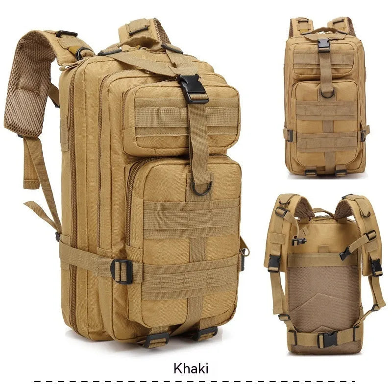 Large khaki coloured off-road hiking backpack with adjustable straps and multiple compartments.