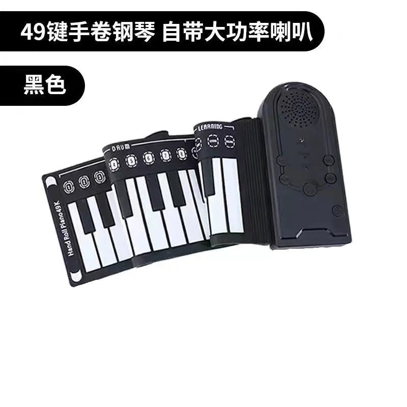 49 key roll up electronic keyboard in glossy black showing flexible silicone piano keys and portable folding design