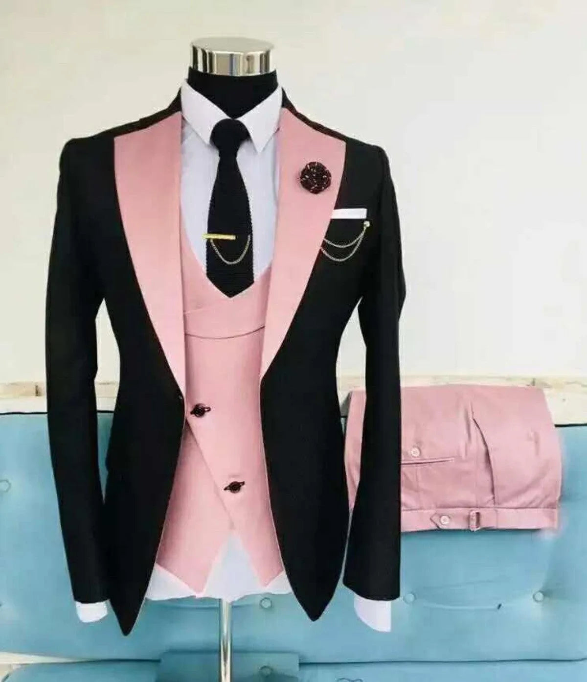 Men's slim fit cotton three-piece business suit showing coat, vest and trousers in black colour option