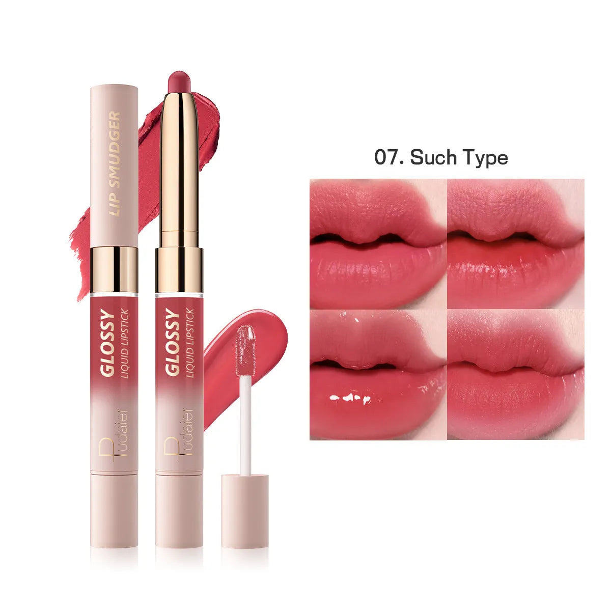 Double-headed lipstick showing matte and glossy finishes in one of 10 available colours