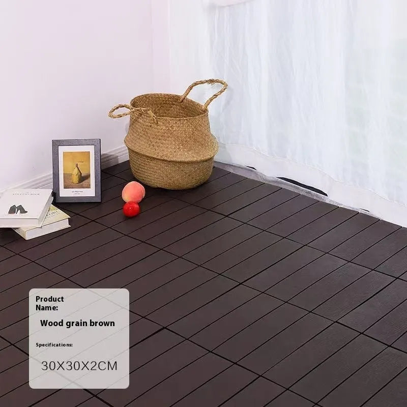 Wood grain plastic floor tiles showing splicing edges, 300mm by 300mm size