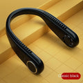 Leafless hanging neck fan with brushless motor in Classic Black, shown worn around a neck with USB cable