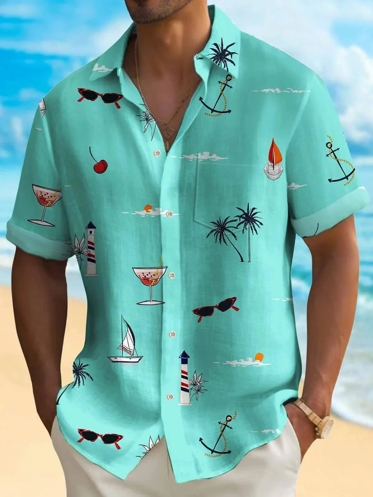 Man wearing a loose fit short sleeve shirt with a colourful digital Hawaiian print pattern.