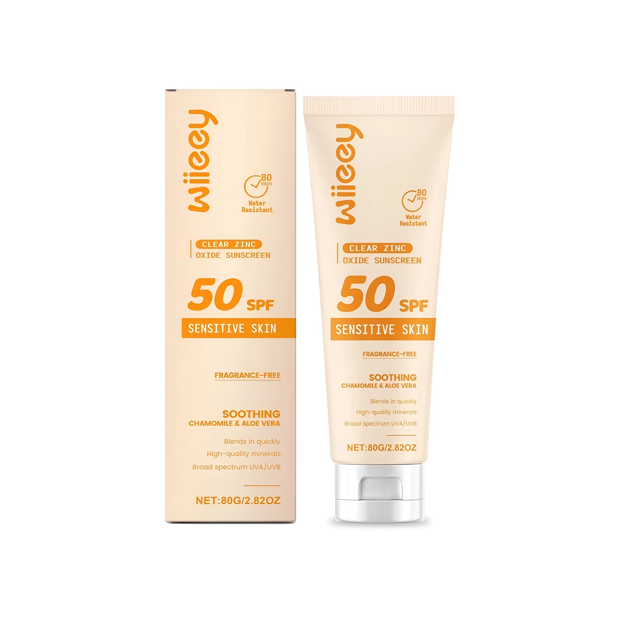 Clear zinc oxide sunscreen tube with 80g size containing chamomile and aloe extracts