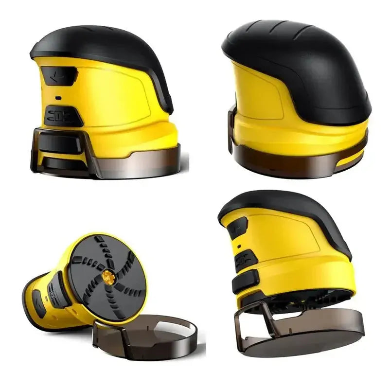 Yellow cordless electric ice scraper with USB charging cable on a car windscreen.