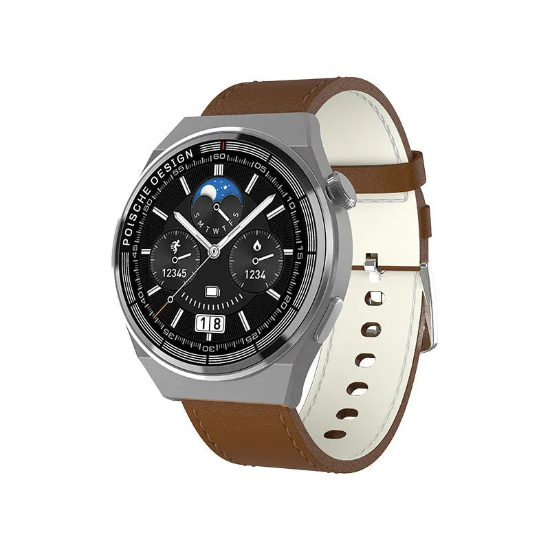 Black Bluetooth smartwatch with 1.39 inch screen showing NFC and blood sugar monitor features
