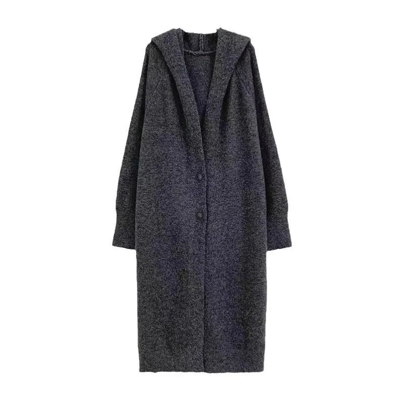 Korean style long hooded knitted cardigan coat for women in a loose free size.