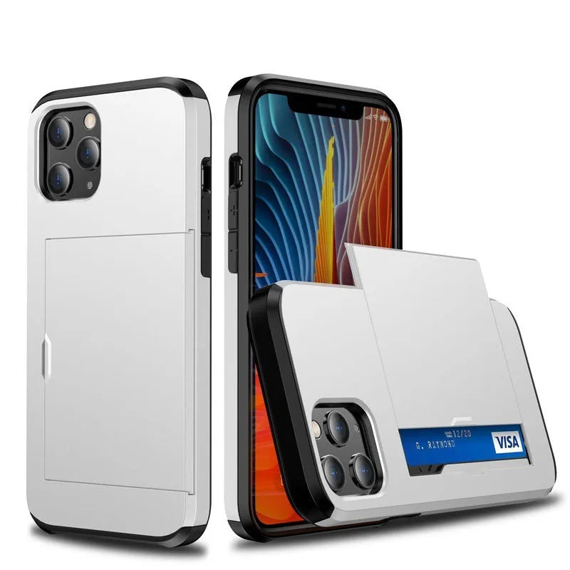 iPhone 13 mobile phone wallet case with sliding card cover in multiple colour options
