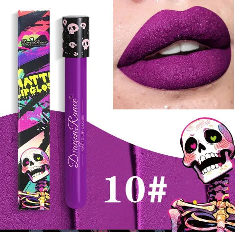 Halloween retro matte lip gloss in test tube skull packaging showing gold silver colours
