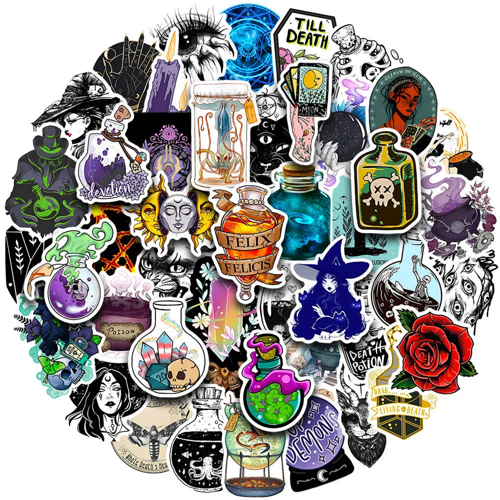 Assortment of 50 glossy waterproof PVC stickers in sizes from 3 to 8 centimetres.