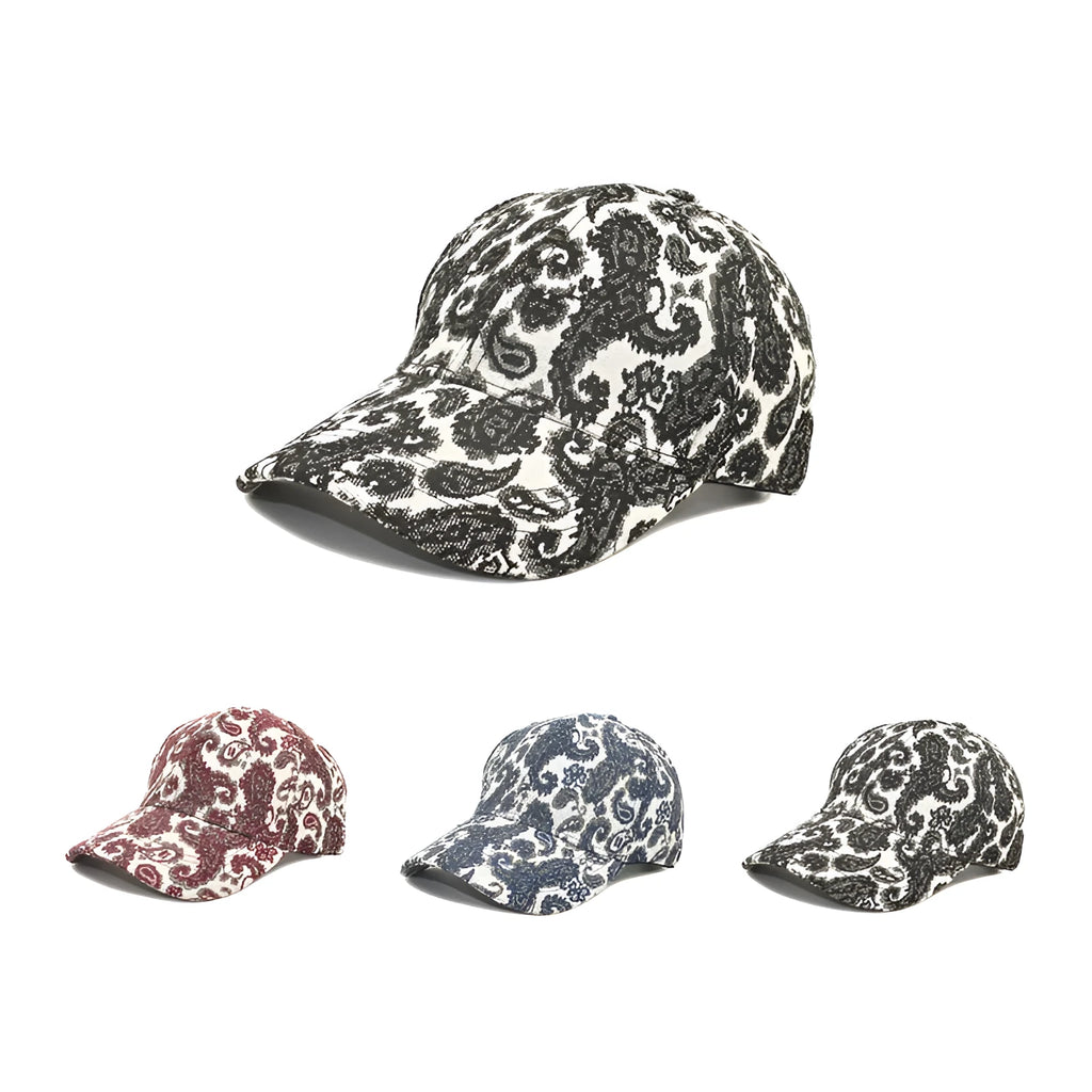Blue polyester baseball cap with a white paisley pattern, showing the dome crown style.