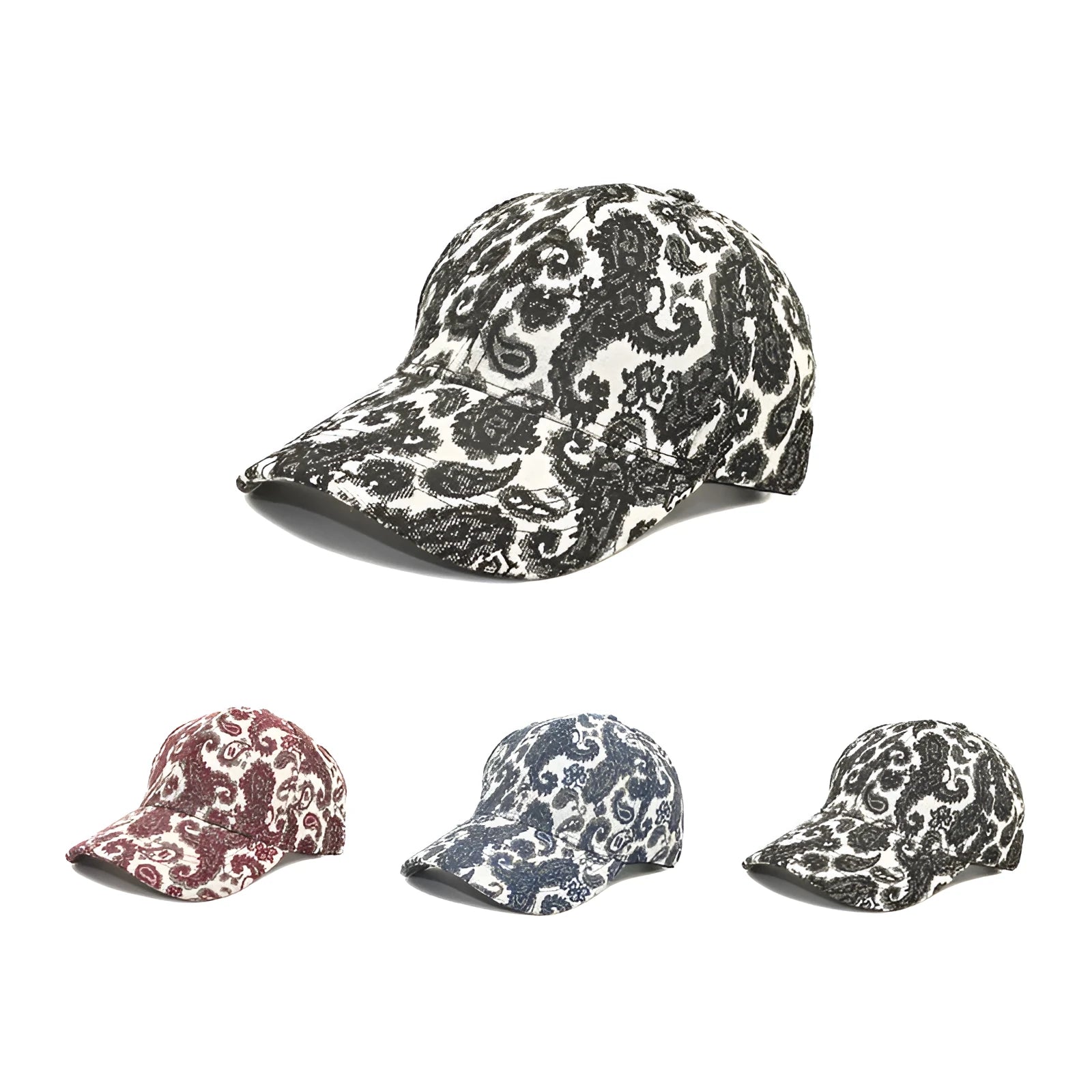 Blue polyester baseball cap with a white paisley pattern, showing the dome crown style.