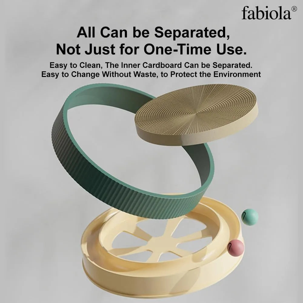 Large circular cardboard cat scratching board with integrated bell toys and refillable core