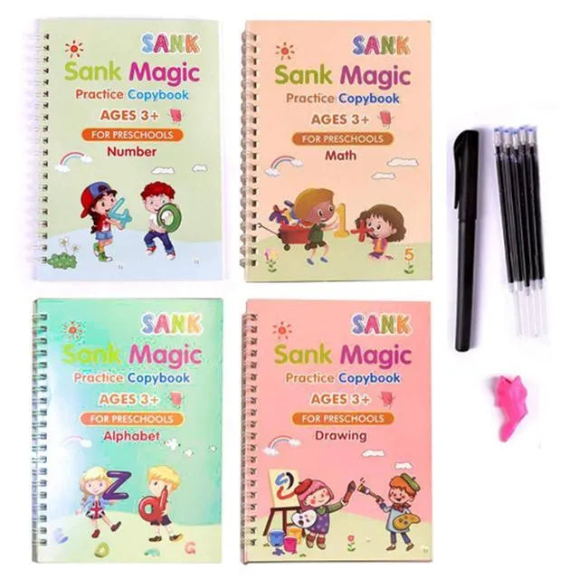 Four magic calligraphy copybooks with stylus pen for children's handwriting practice