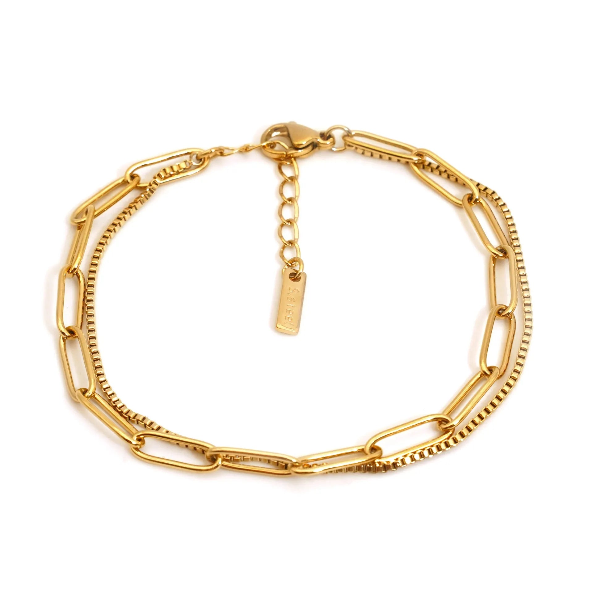 Gold titanium steel electroplated women's bracelet with geometric double layer chain design.
