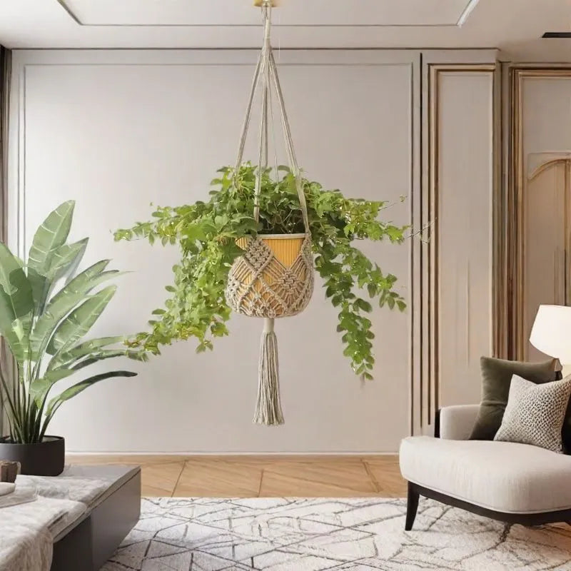 Hand-woven polyester cotton flower pot in minimalist design with textured surface