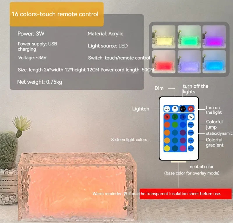 Acrylic ice cube geometric night lamp with colour changing light on bedside table