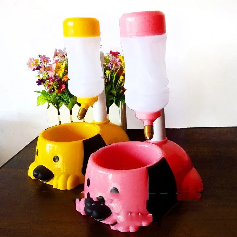 Adjustable height pet drinking bowl with rod lifting mechanism in blue, pink or yellow colours