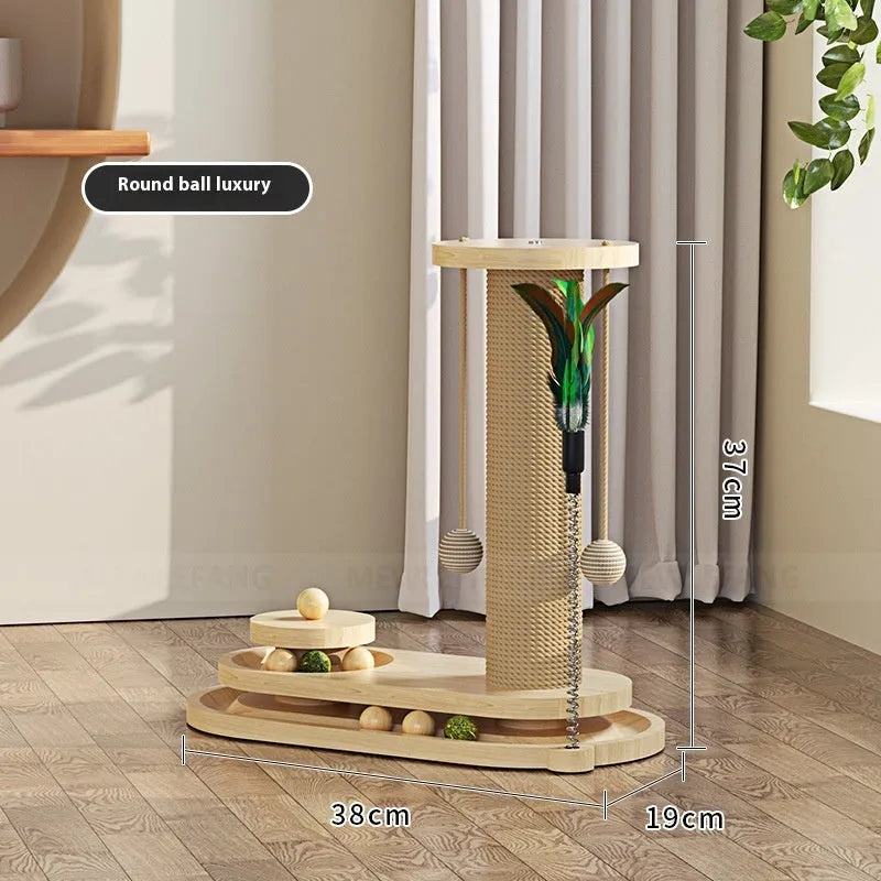 Solid wood cat turntable scratching post with climbing frame in natural timber construction