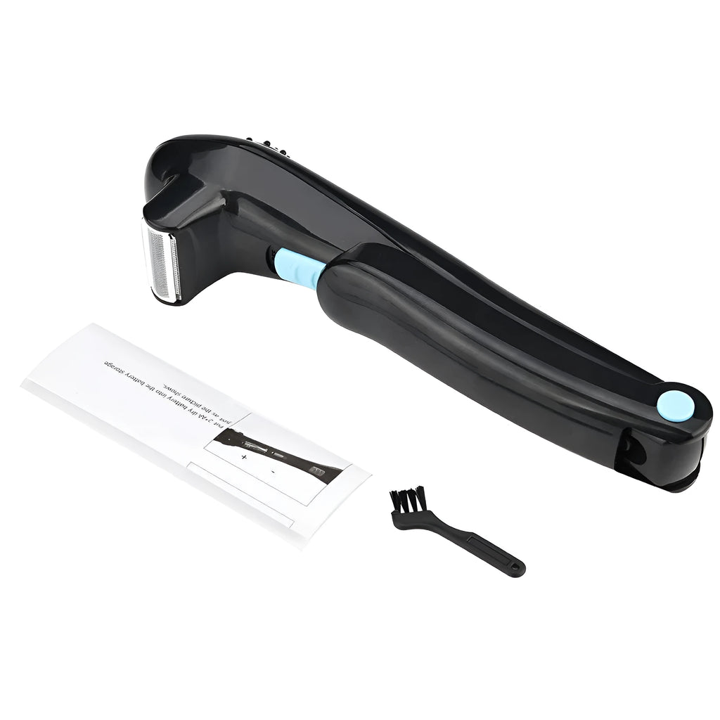 Black folding body electric shaver in open and closed positions showing battery compartment