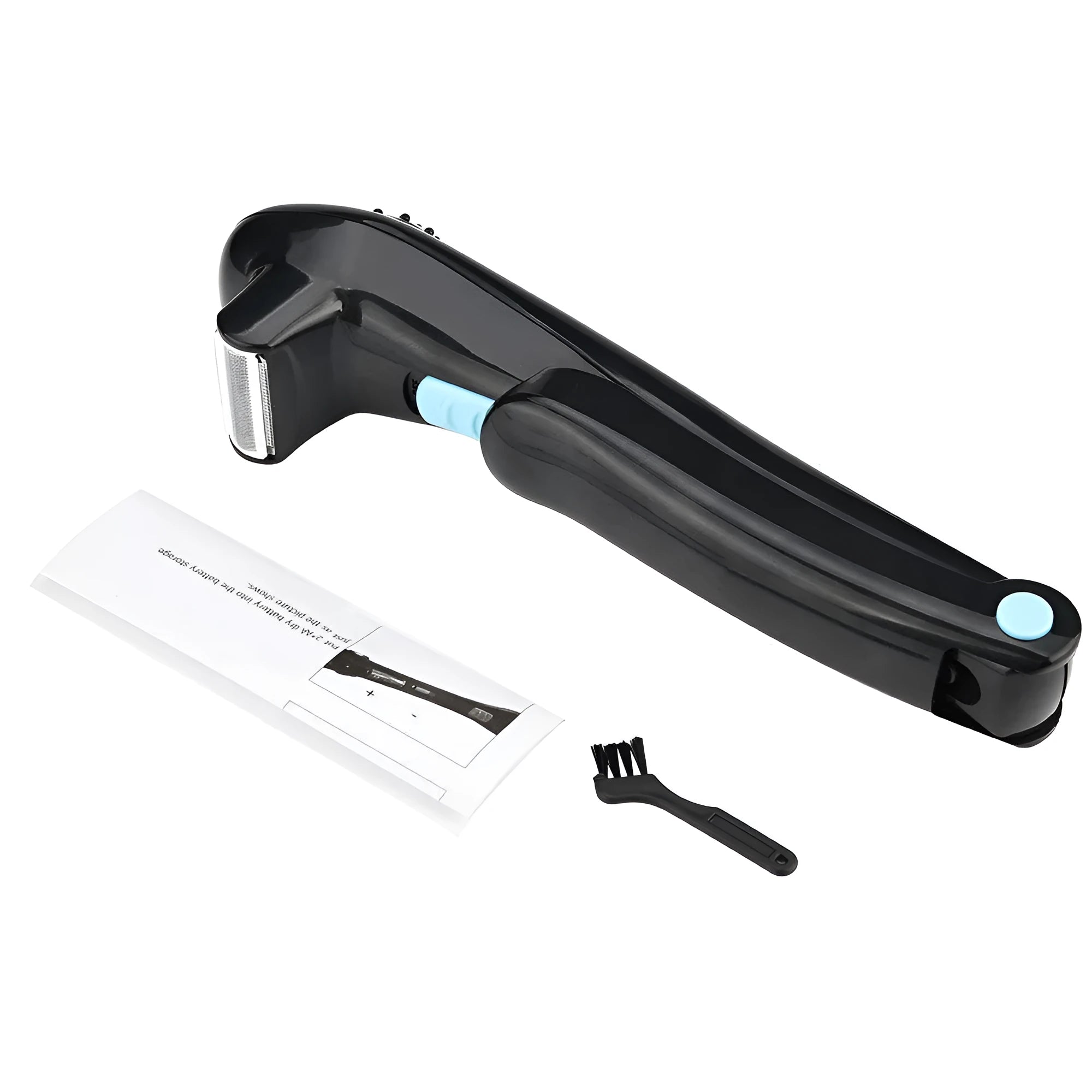 Black folding body electric shaver in open and closed positions showing battery compartment