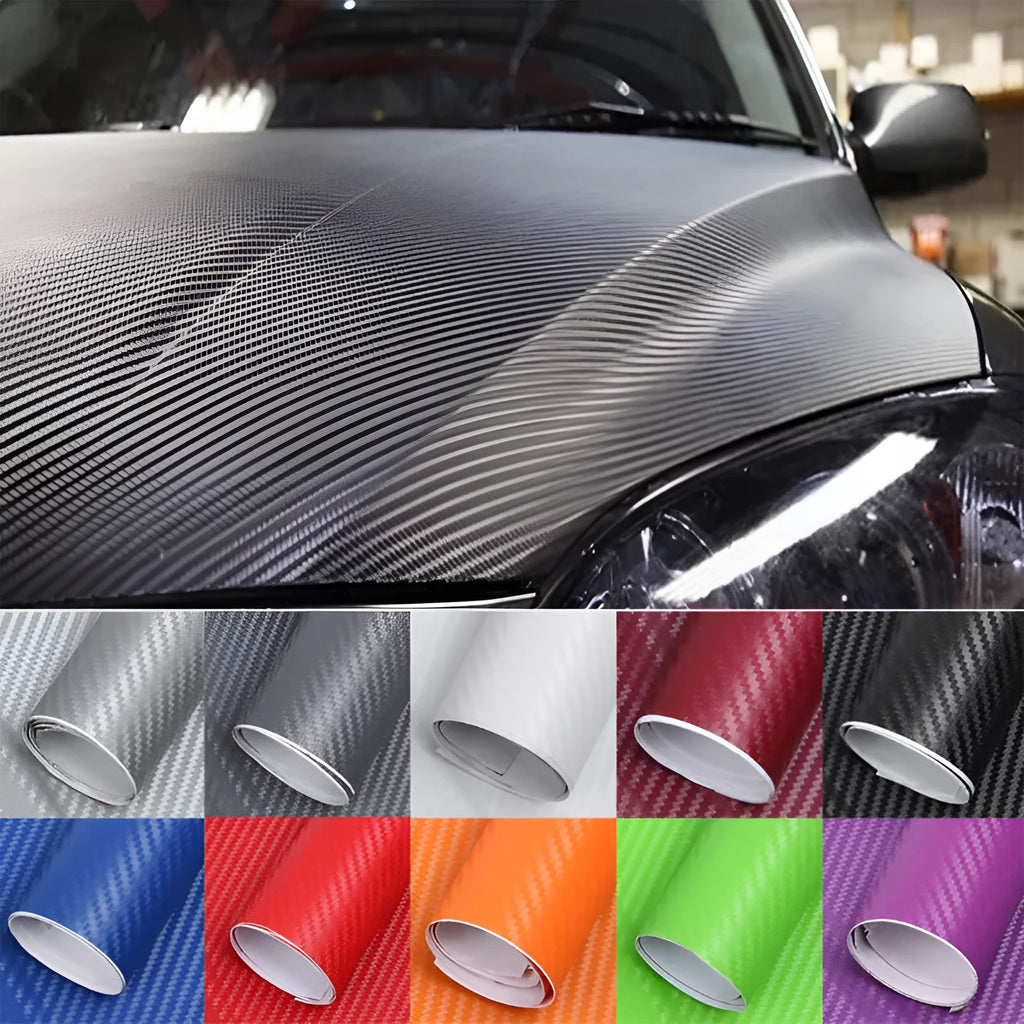 Roll of 3D carbon fiber car stickers showing eight colour options for vehicle interior and exterior decoration