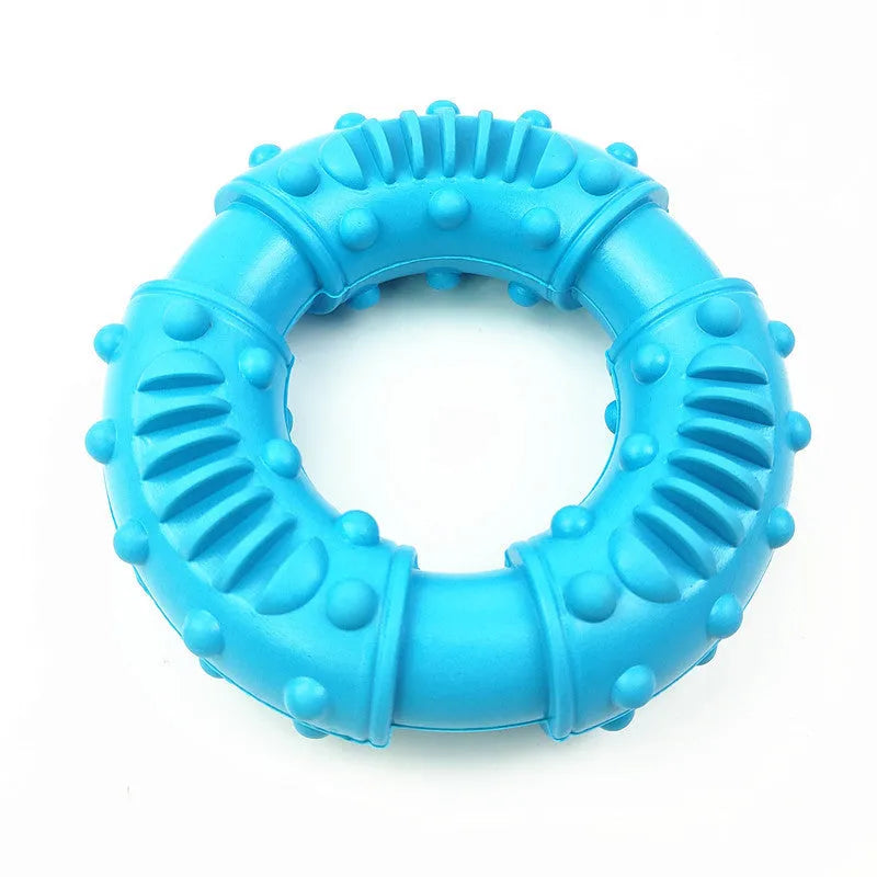 Blue hollow dog fetch stick toy on grass, showing lightweight, chewable design for outdoor play.