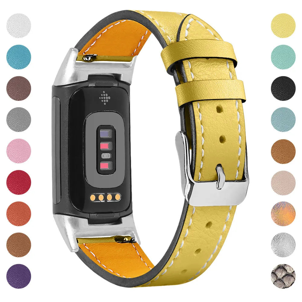 Genuine leather watch strap for Fitbit Charge 5 and Charge 6 fitness trackers on a wrist.