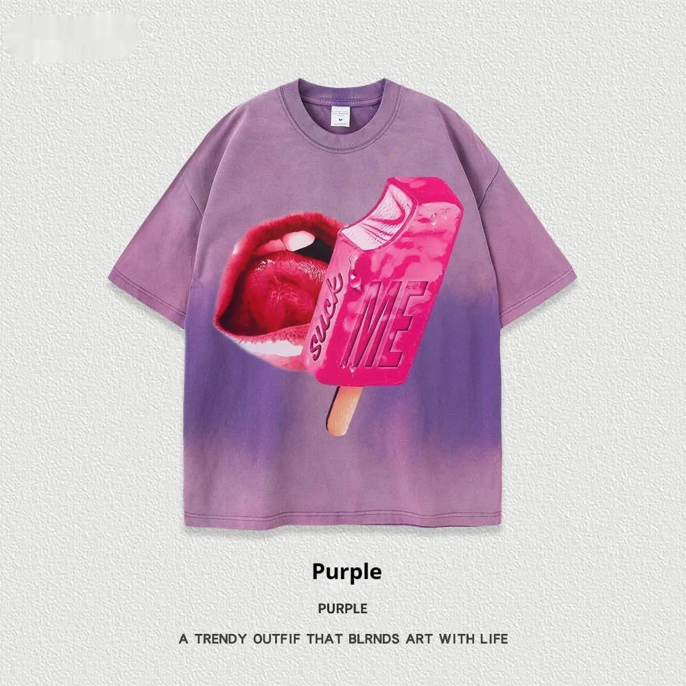 Loose fit heavy washed cotton t-shirt with a cartoon print on the front, shown in a selected colour.