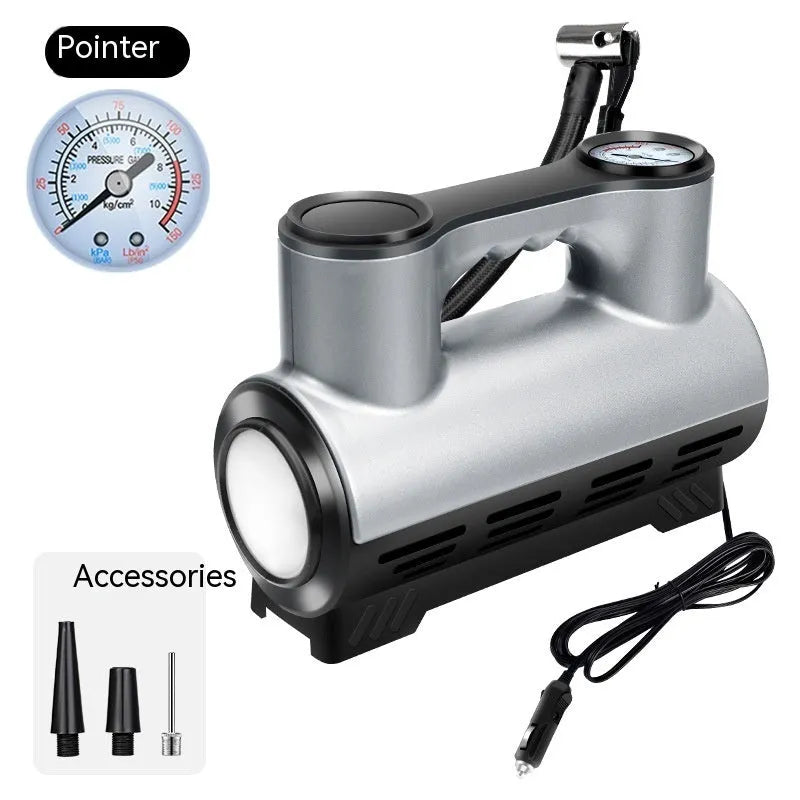 12V portable car tyre inflator pump with digital display, three air nozzles, and LED light on a black ABS body