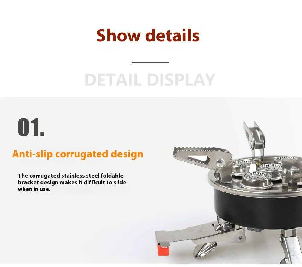 Silver portable split camping stove with extended hose shown folded and unfolded for outdoor cooking