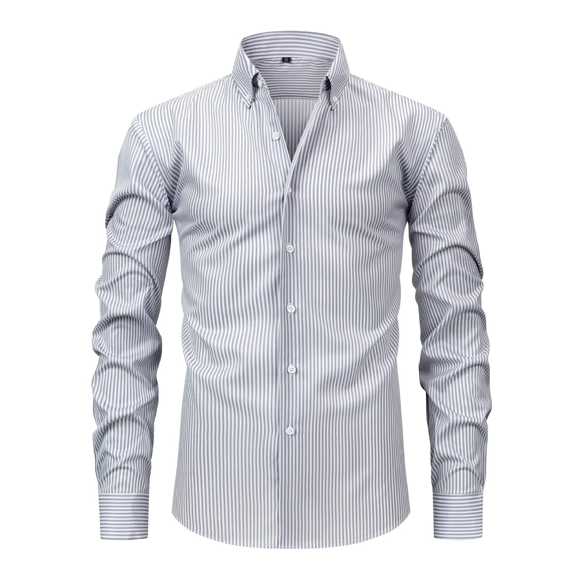 Men's striped business casual shirt with lapel collar and long sleeves in non-iron fabric