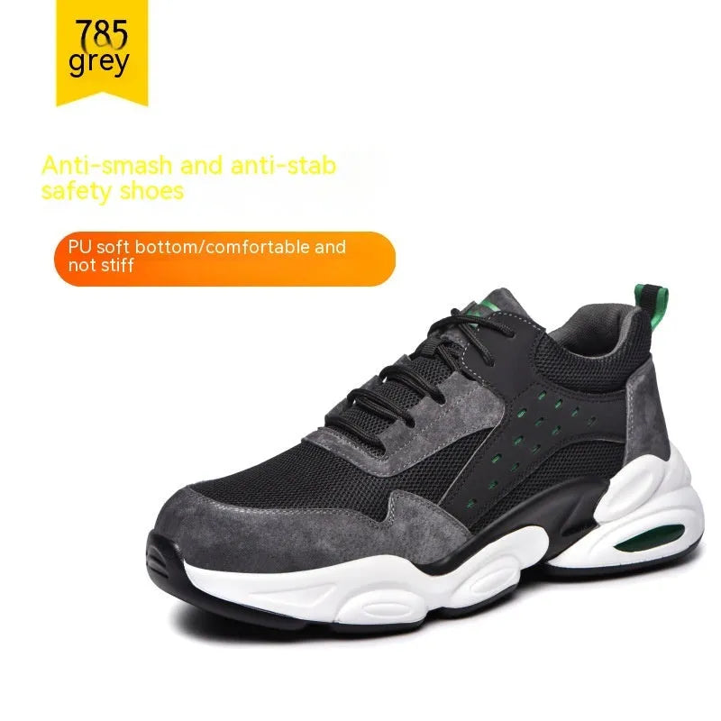 Men's black breathable flyknit labour safety shoe with anti-puncture sole on a worksite background.