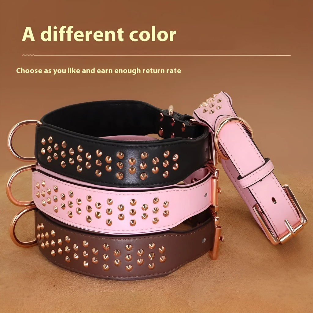 Chocolate coloured leather dog collar with metal rivets for anti-bite protection on a dog's neck.