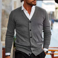 Men's slim fit acrylic cardigan sweater in a choice of seven colours including beige, black, grey, wine red, and green.