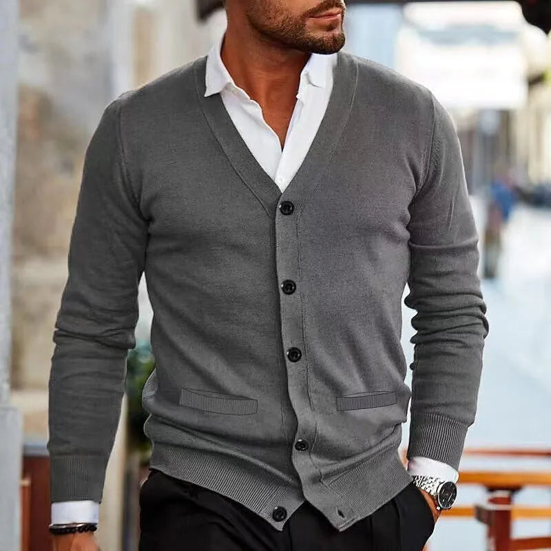 Men's slim fit acrylic cardigan sweater in a choice of seven colours including beige, black, grey, wine red, and green.