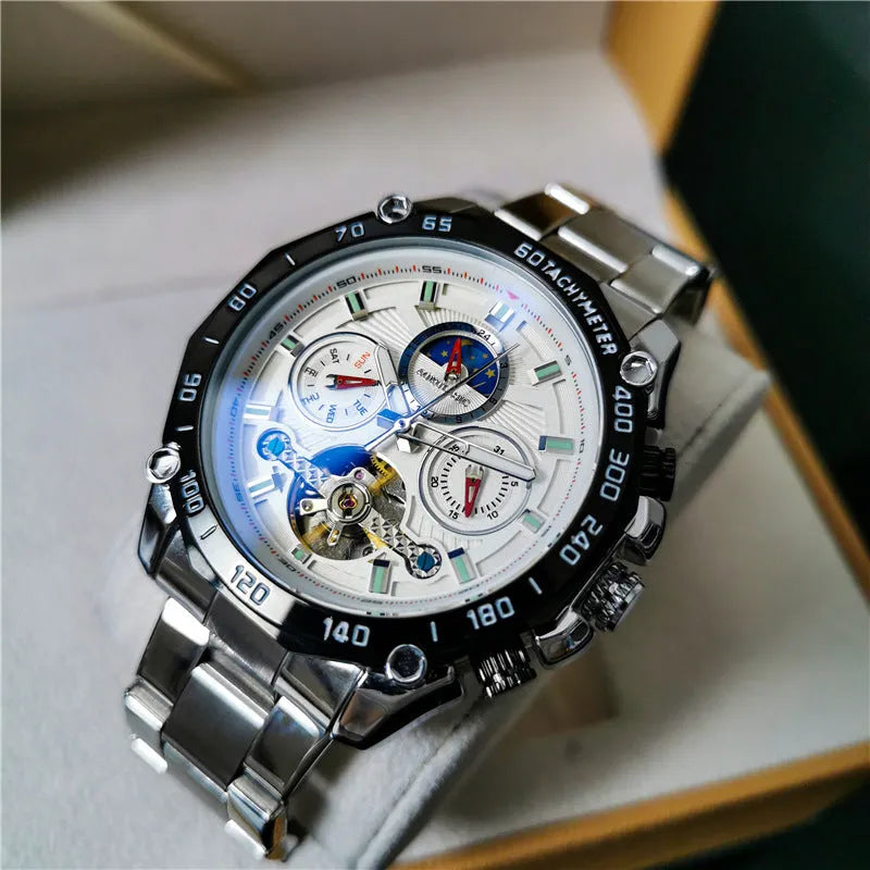 Men's automatic mechanical watch with 12mm case in black steel, silver, and gold finish options.