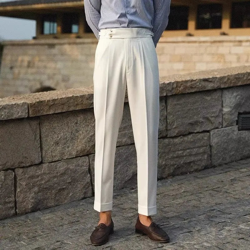 Slim fit straight-leg suit trousers in apricot, black, and white colours