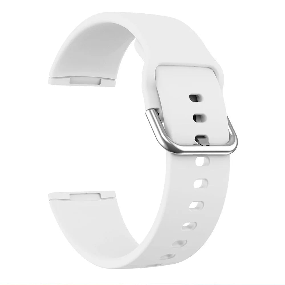 Solid colour silicone strap with silver buckle for Fitbit Versa 3 and Sense 2 watches.