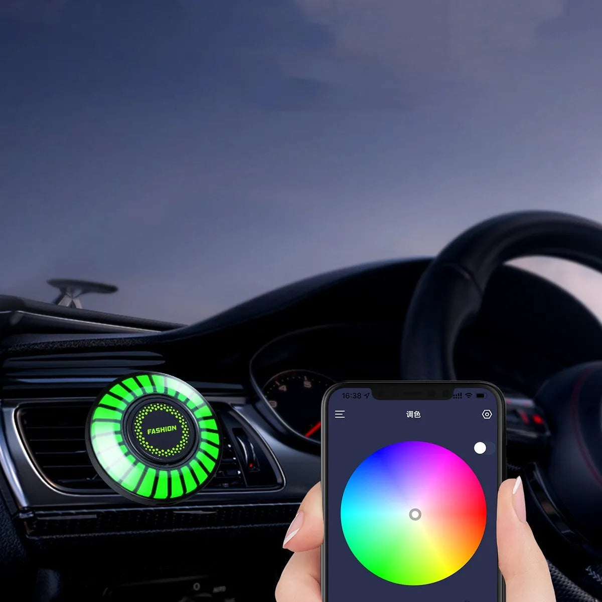 Car air vent mounted RGB rhythm atmosphere light with aromatherapy function in vehicle interior