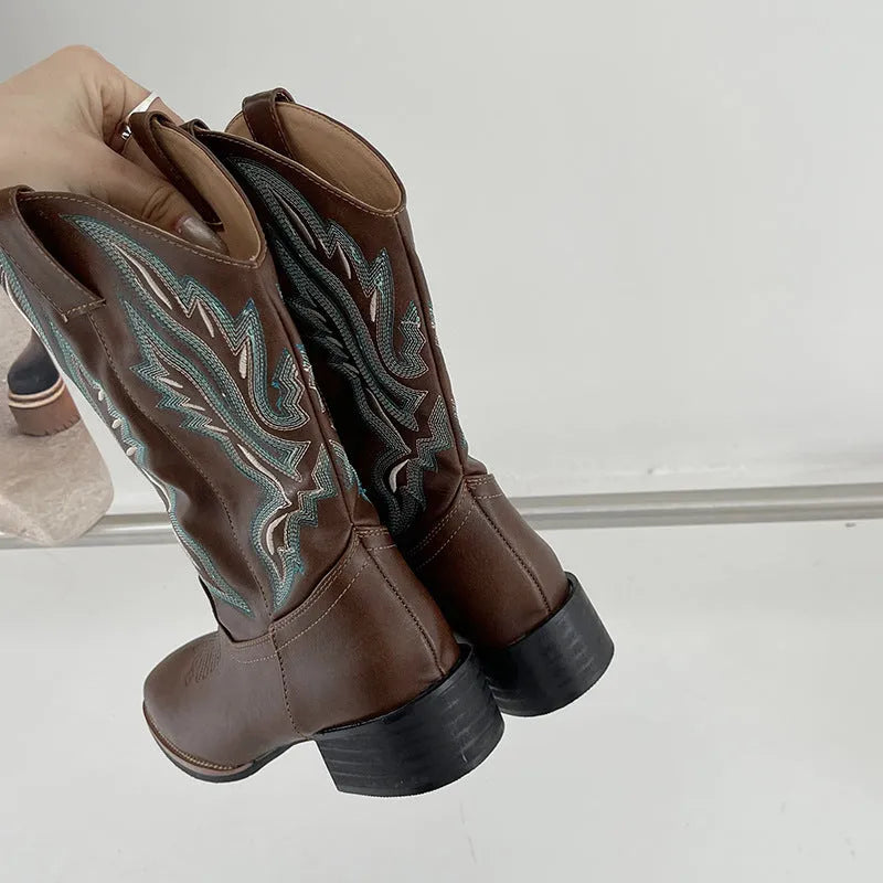 Brown women's mid-calf lace-up Martin boots with embroidery detail on the shaft
