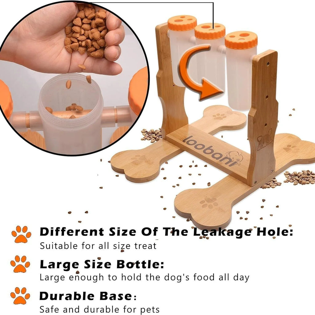 Wooden dog puzzle toy snack dispenser feeder with treat compartments measuring 31x30x20cm