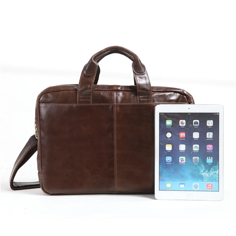 Brown leather business briefcase with 18-inch measurement for laptop storage